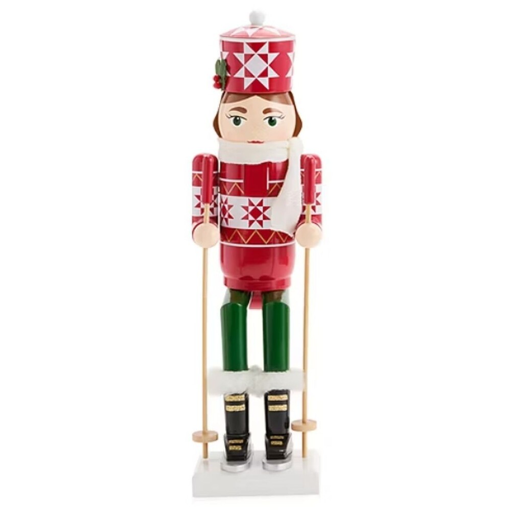 Wooden Christmas Nutcracker,14", WHITE FEMALE SKIER IN RED & WHITE W/SKIS 167,NP